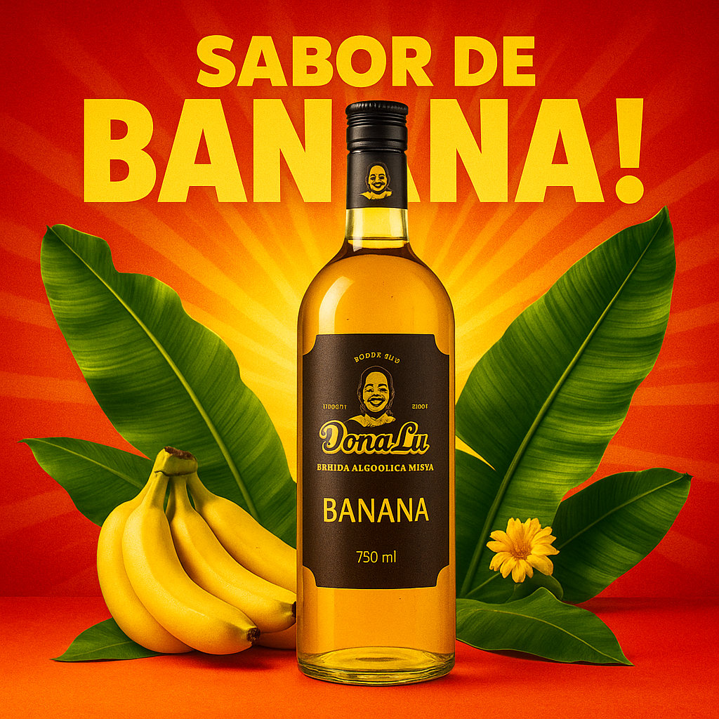Dona Lu Banana - Arte promocional com fundo vibrante e elementos tropicais