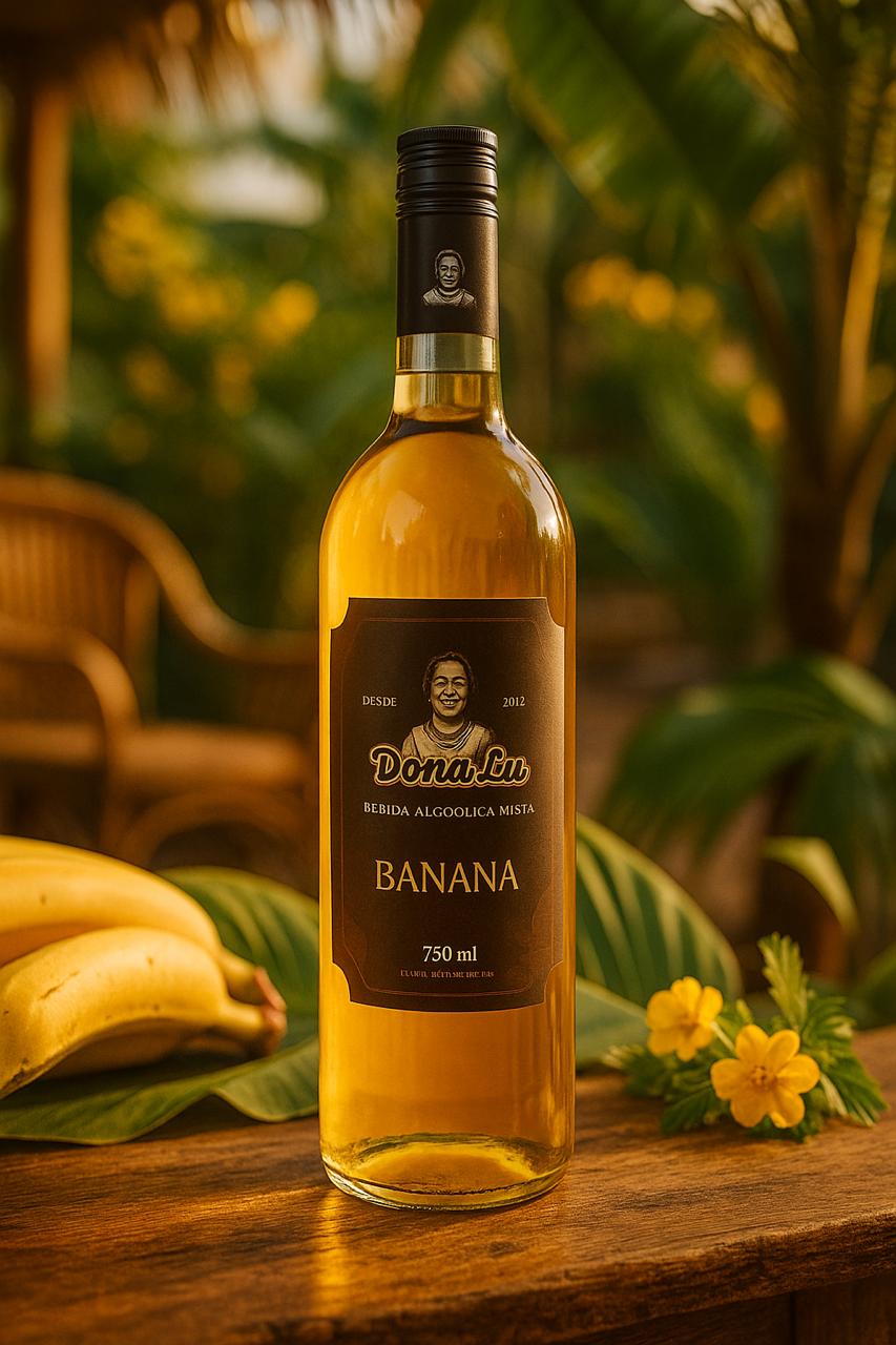 Garrafa Dona Lu - Sabor Banana em cenário tropical com bananas frescas